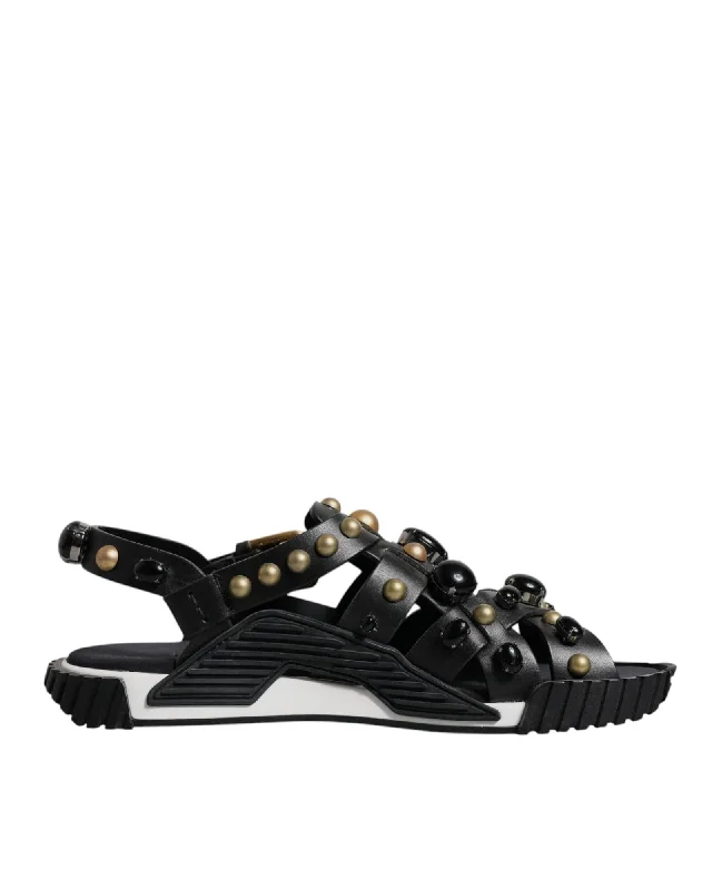 Dolce & Gabbana Leather Studded Slides Sandals with Buckle Closure and Logo Details Men Black
