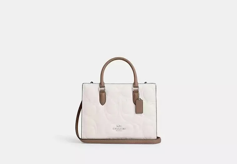 Coach Maggie Small Tote Bag In Blocked Signature Leather Chalk Taupe 