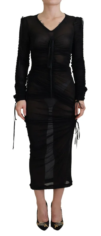 Dolce & Gabbana  Black Ruched Mesh Long Sleeve Dress