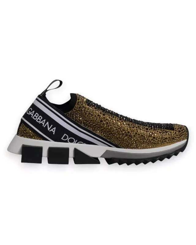 Dolce & Gabbana Rhinestone Embellished Slip-On Sneakers with Ridged Rubber Sole Men Gold Black Dolce & Gabbana Rhinestone Embellished Slip-On Sneakers with Ridged Rubber Sole Men Gold Black