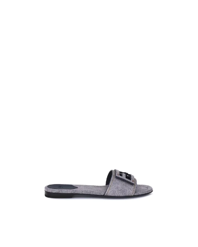 Fendi FF Denim Slides Flat Sandals Women Gray