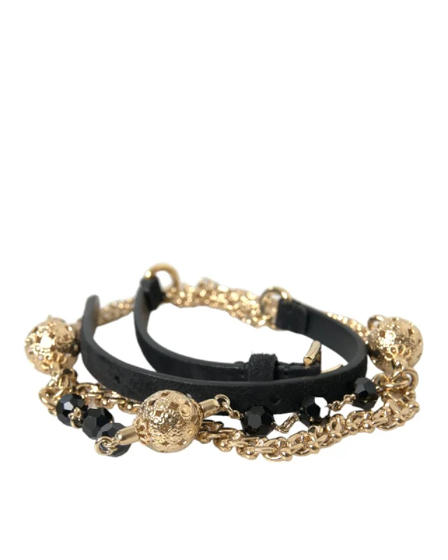 Dolce & Gabbana  Black Leather Bracelet with Gold-Tone Chain and Beads