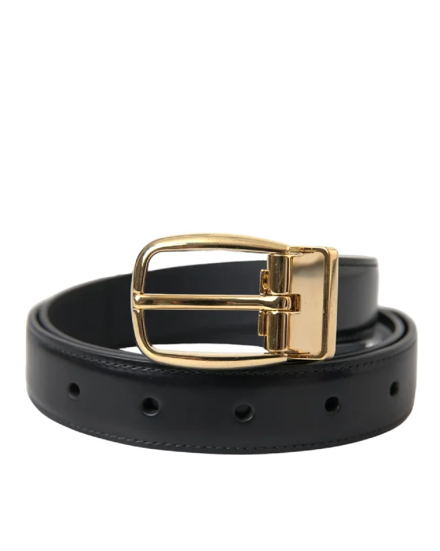 Dolce & Gabbana  Black Leather Belt with Gold Buckle