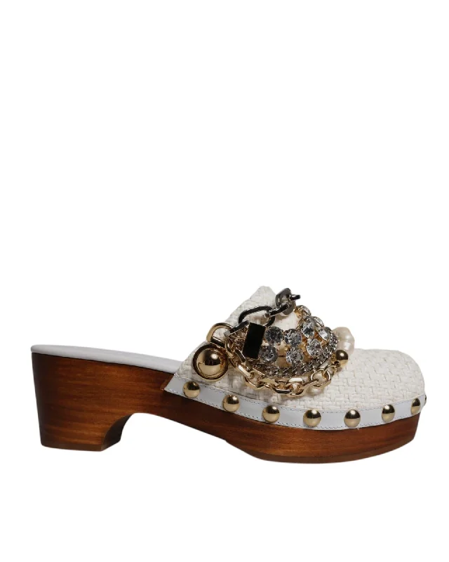 Dolce & Gabbana Woven Platform Clogs with Chain Detail Women White Sandals