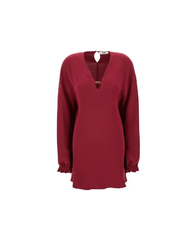 Fendi VNeck Long Sleeve Ruffle Cuff Women Purple Dresses