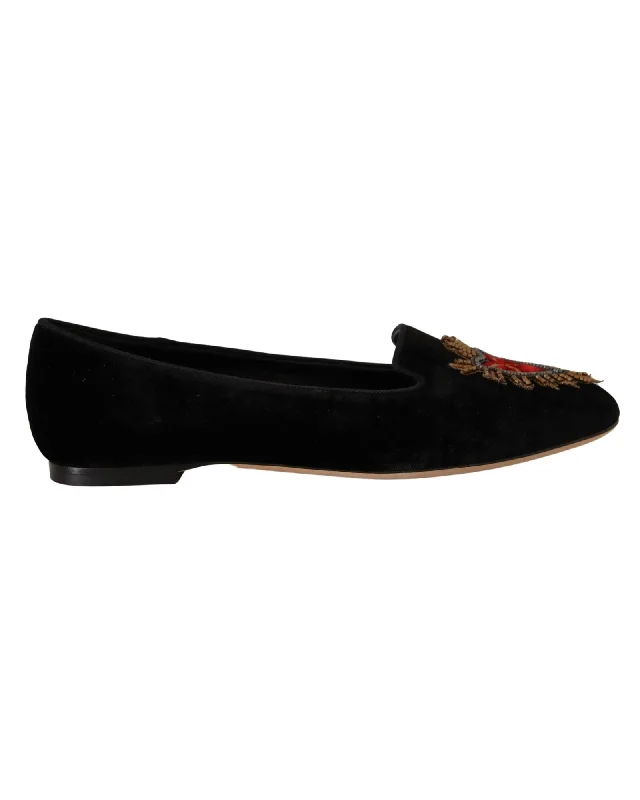 Dolce & Gabbana  Women's Black Velvet Ballerina Flats with Embroidered Heart