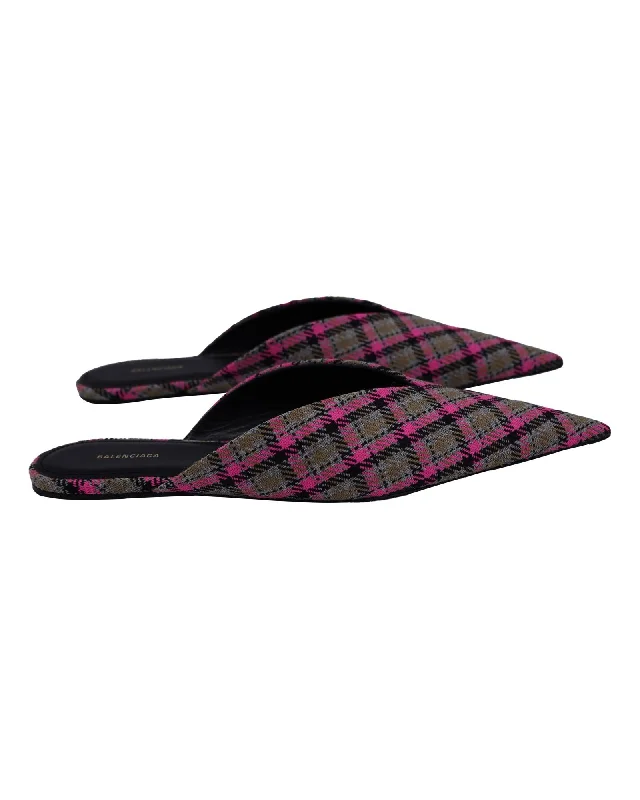 Balenciaga Pointy Toe Plaid Print Mules Women Gray Flats
