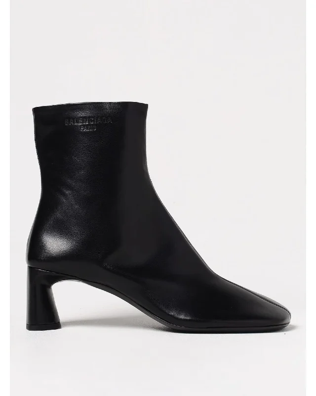 Balenciaga Knife Leather Ankle Boots Square Toe Women Black