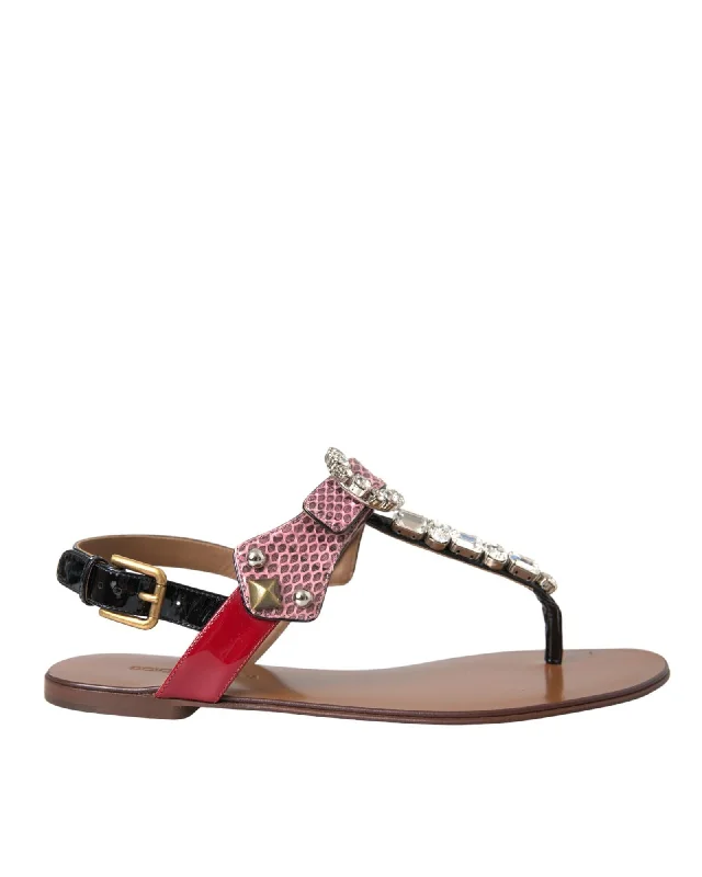 Dolce & Gabbana  Crystal Embellished Leather Sandals - Red