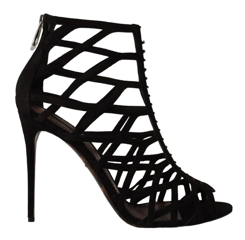 Dolce & Gabbana  Womens Cage Sandal Black Suede Leather Stiletto Heel Open Toe
