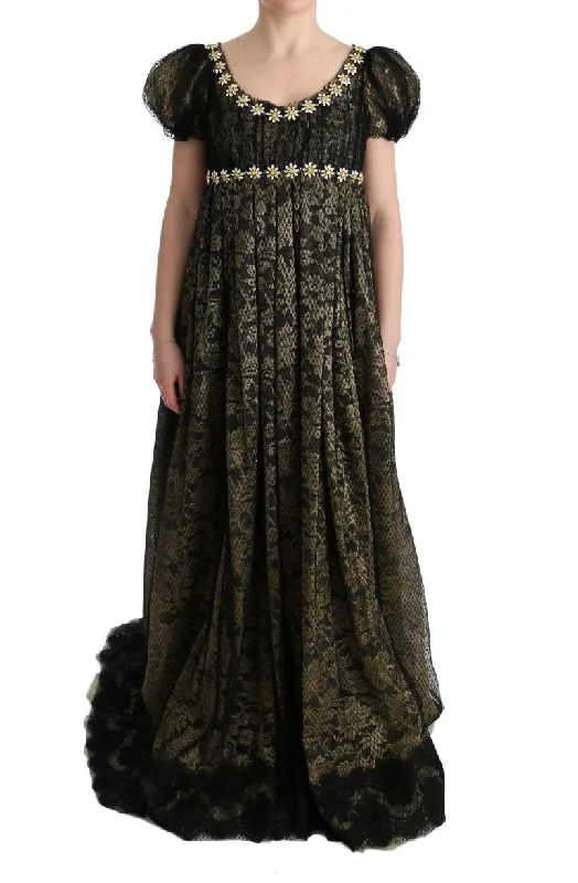 Dolce & Gabbana  Black Lace Maxi Dress with Crystal Embellishments