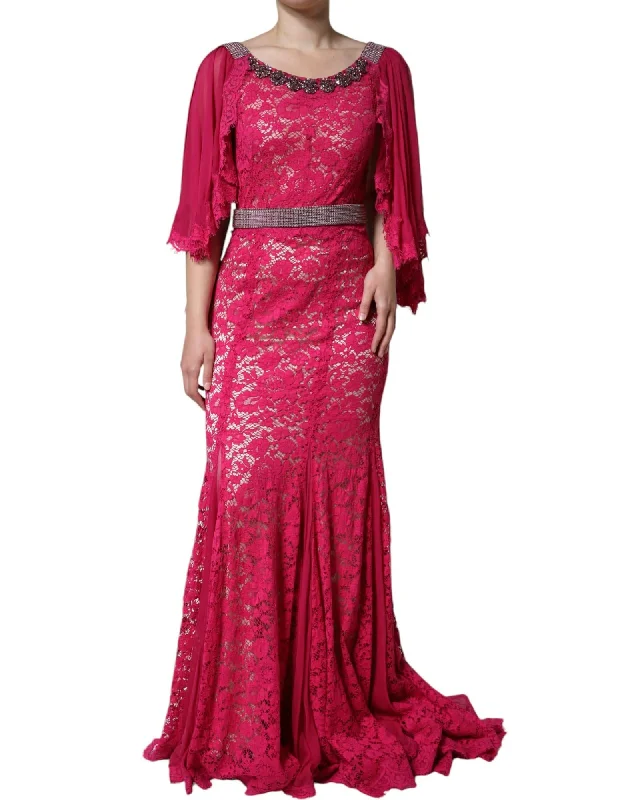 Dolce & Gabbana Lace Crystal Embellished Long Sheath Gown with Belt