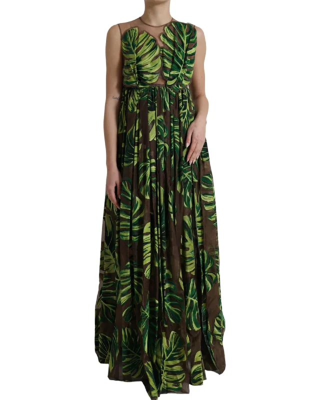Dolce & Gabbana Breezy Leaf Print Silk Blend Maxi Dress