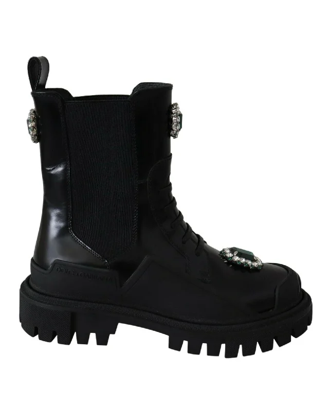 Dolce & Gabbana  Black Lace-Up Boots with Crystal Embellishment