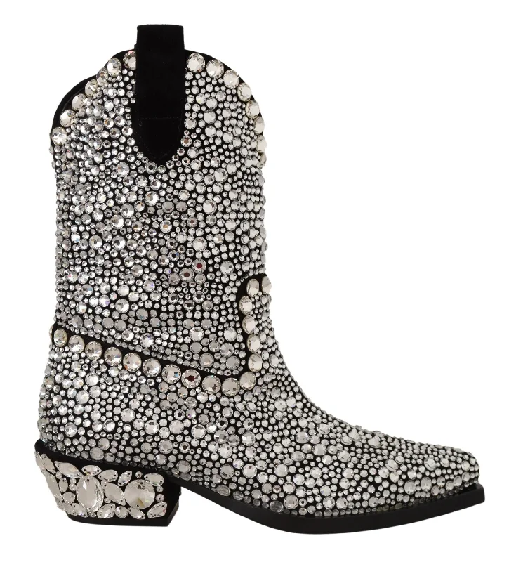 Dolce & Gabbana  Crystal Embellished Cowboy Boots - Black