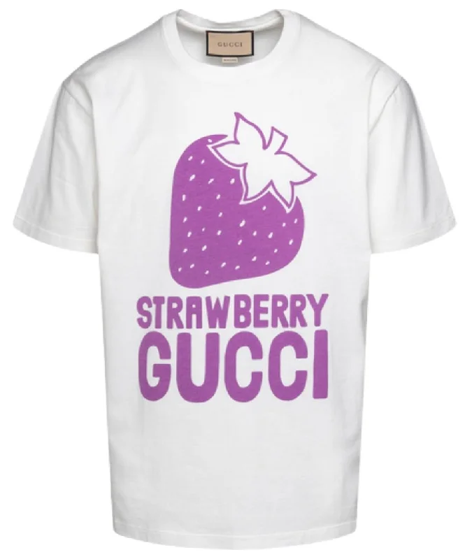 Gucci Strawberry Gucci Logo Printed White T-Shirt