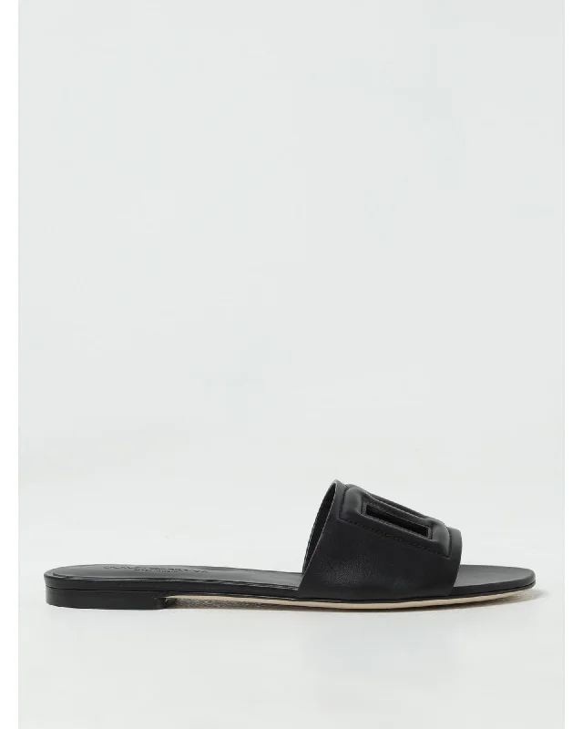 Dolce & Gabbana DG Logo Leather Slides Women Black Sandals