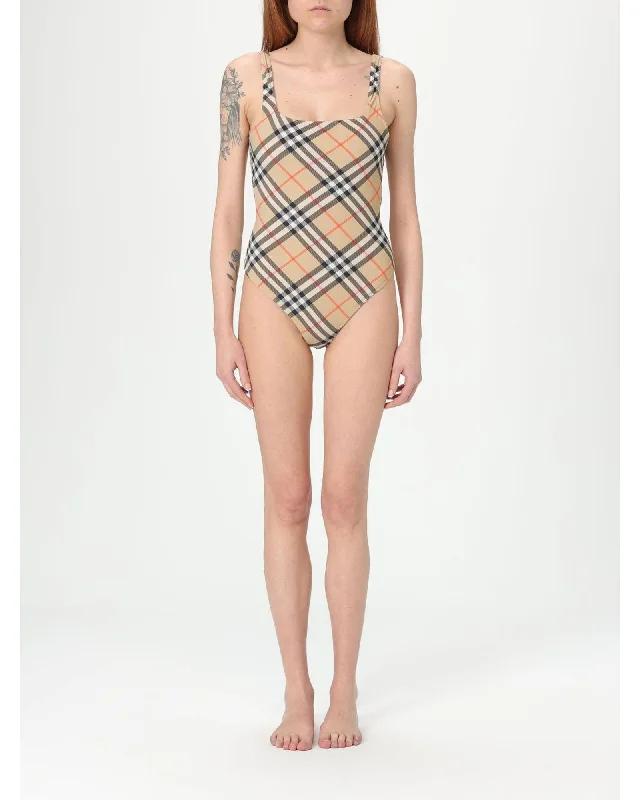 Burberry Checked OnePiece Swimsuit Women Beige Swimwear