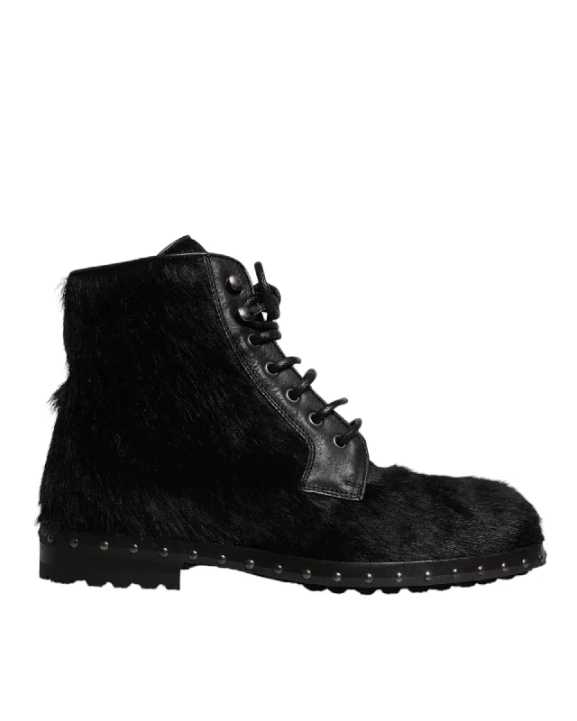 Dolce & Gabbana Haircalf Leather Ankle Boots Studded Men Black