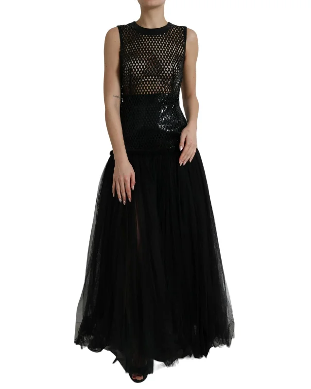 Dolce & Gabbana  Black Sequined Tulle Maxi Dress