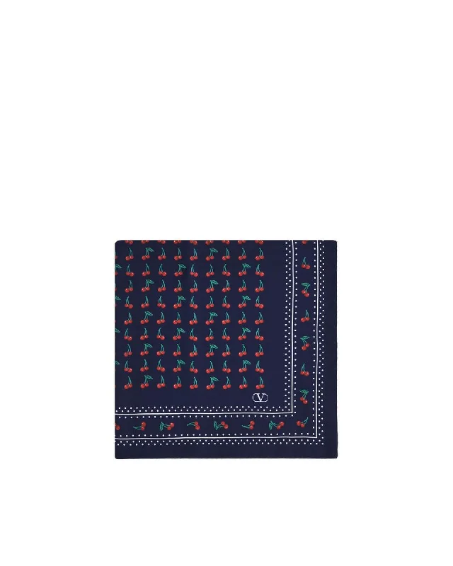 Valentino Garavani Cherry Print Silk Pocket Square Women Blue Scarves
