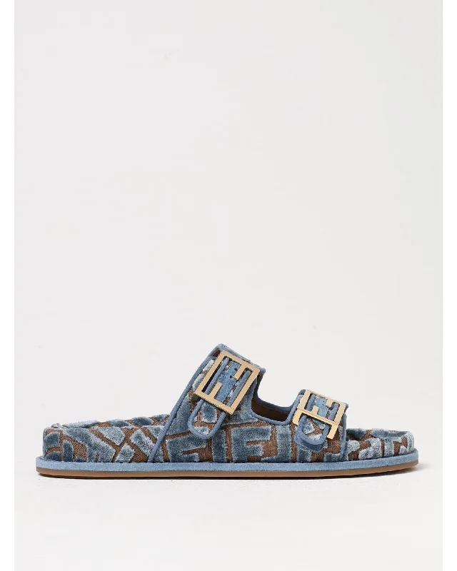 Fendi Slides Velvet Buckle Women Gnawed Blue Flat Sandals