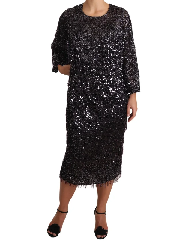 Dolce & Gabbana Sequined Long Sleeve Shift Midi Dress