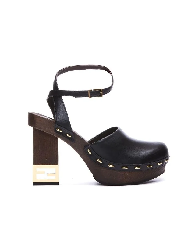 Fendi Heel Clog Buckle Ankle Strap Women Black Pumps