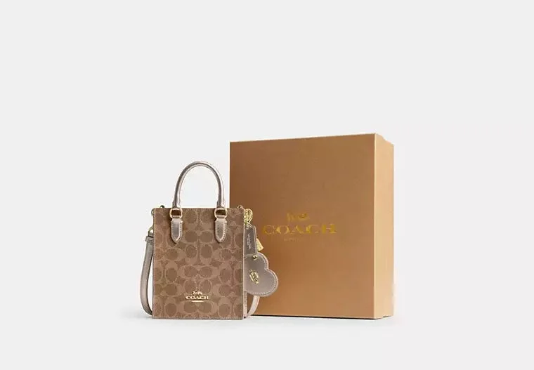 Coach Boxed Mini Tote Bag And Mirror Bag Charm Set In Signature Canvas Champagne 