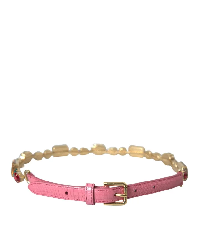 Dolce & Gabbana  DG Pink Leather Belt with Rhinestone Chain