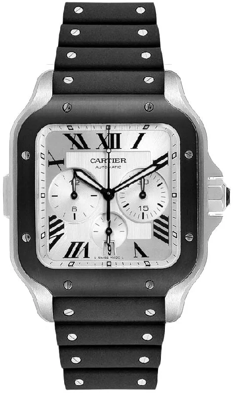 Cartier Santos De Cartier Chronograph Silver Dial Black Rubber Men's Watch WSSA0017