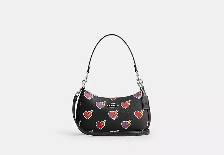Coach Teri Shoulder Bag With Heart Bolt Print Black 
