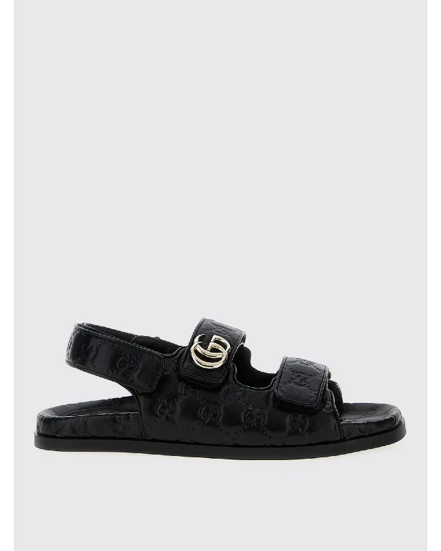 Gucci GG Embossed Leather Sandal Women Black Flat Sandals