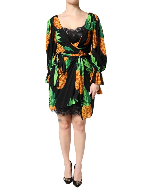 Dolce & Gabbana Pineapple Print Wrap Dress Women Black Dresses