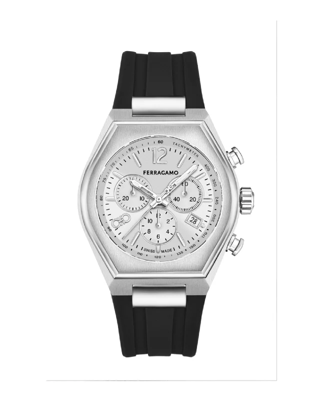 Ferragamo Mens Ferragamo Tonneau Chrono Stainless Steel 42mm Strap Fashion Watch