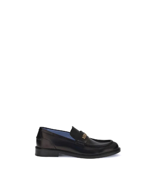 Versace Leather Loafers Logo Accent Men Black