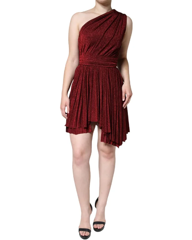 Dolce & Gabbana  One-Shoulder Pleated Mini Dress in Burgundy
