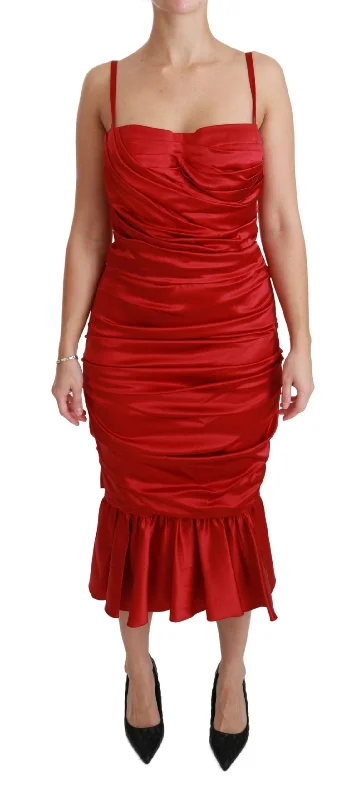Dolce & Gabbana  Red Silk Strapless Ruched Fitted Midi Dress