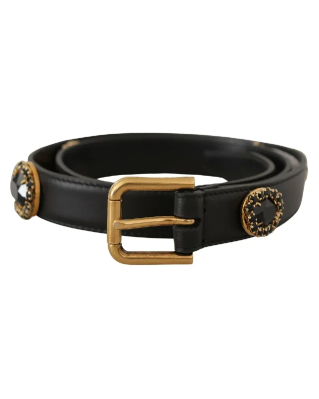 Dolce & Gabbana  Black Leather Belt with Crystal Heart Detail
