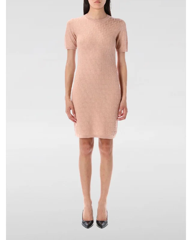 Fendi Knit Dress with Short Sleeves and all over Motif Women Pink Dresses