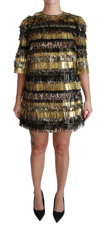 Dolce & Gabbana  Leopard Print Fringe Dress     Short Sleeve Fringe Dress with Leopard Print     Mini Dress with Metallic Fringe and Leopard Print    Women's  Leopard Print Fringe Dress    Designer Dolce &