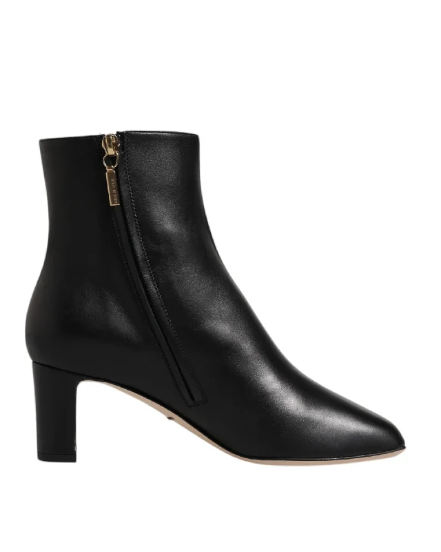 Dolce & Gabbana Jackie Leather Mid Calf Boots with Side Zipper and Logo Details