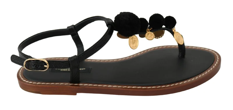 Dolce & Gabbana  Black Pom Pom Thong Sandals