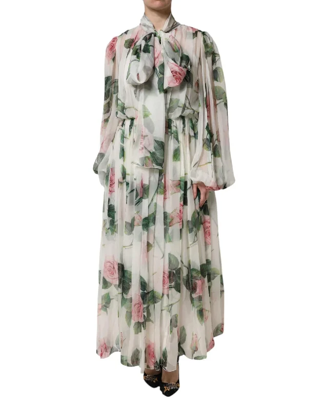 Dolce & Gabbana Floral Silk Maxi Dress Pleated Skirt Women White
