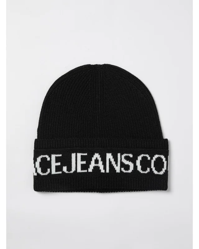 Versace Jeans Couture Ribbed Knit Beanie with Logo Band Women Black Hats