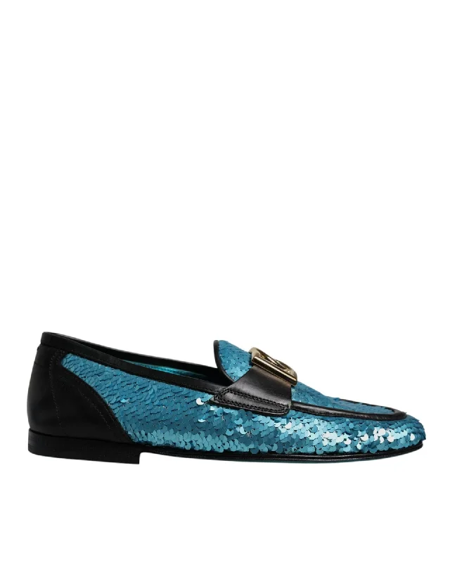 Dolce & Gabbana Sequin Loafers Blue Sequined Style Men