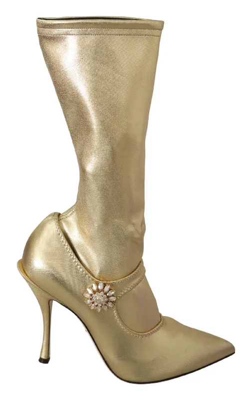 Dolce & Gabbana  Women's Gold Leather High Heel Boots with Crystal Embellishment