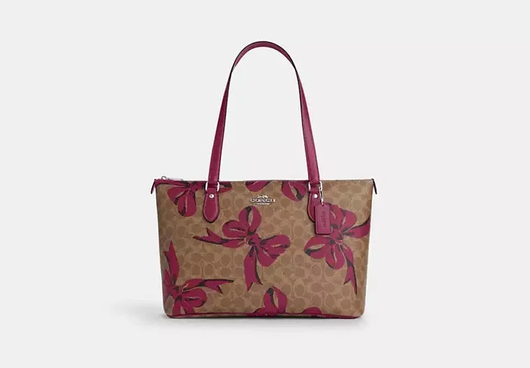 Coach Gallery Tote Bag In Signature Canvas With Bow Print Pink 