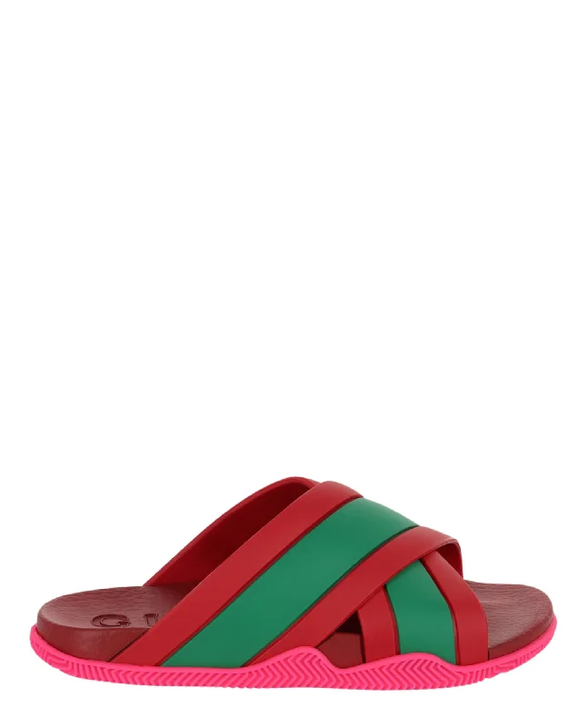 Gucci Womens Rubber Web Striped Sandals