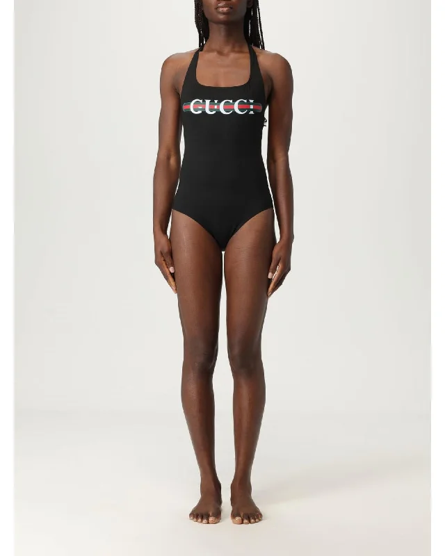 Gucci Halter Neck Swimsuit Logo Detail Women Black